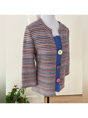 PER UNA Rainbow Striped Knit Short Cardigan Unique Buttons 3/4 Sleeve Artsy Chic